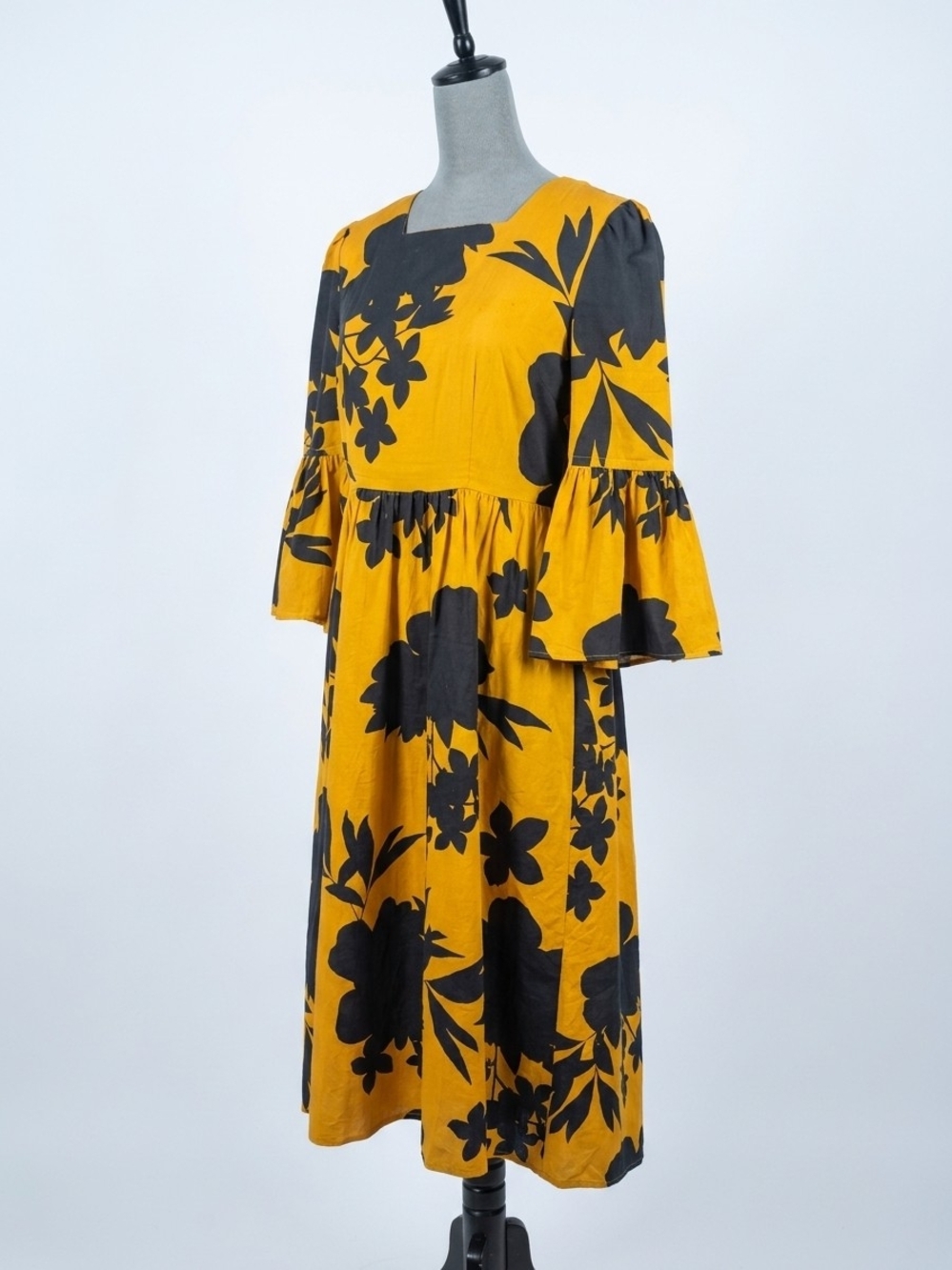 Who What Wear Yellow and Black Floral Midi Dress with Bell Sleeves